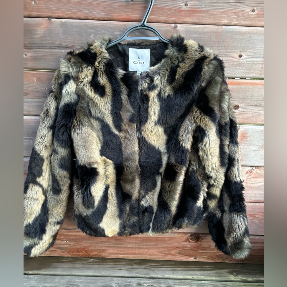 Kookai Faux Fur Jacket in Black and Brown